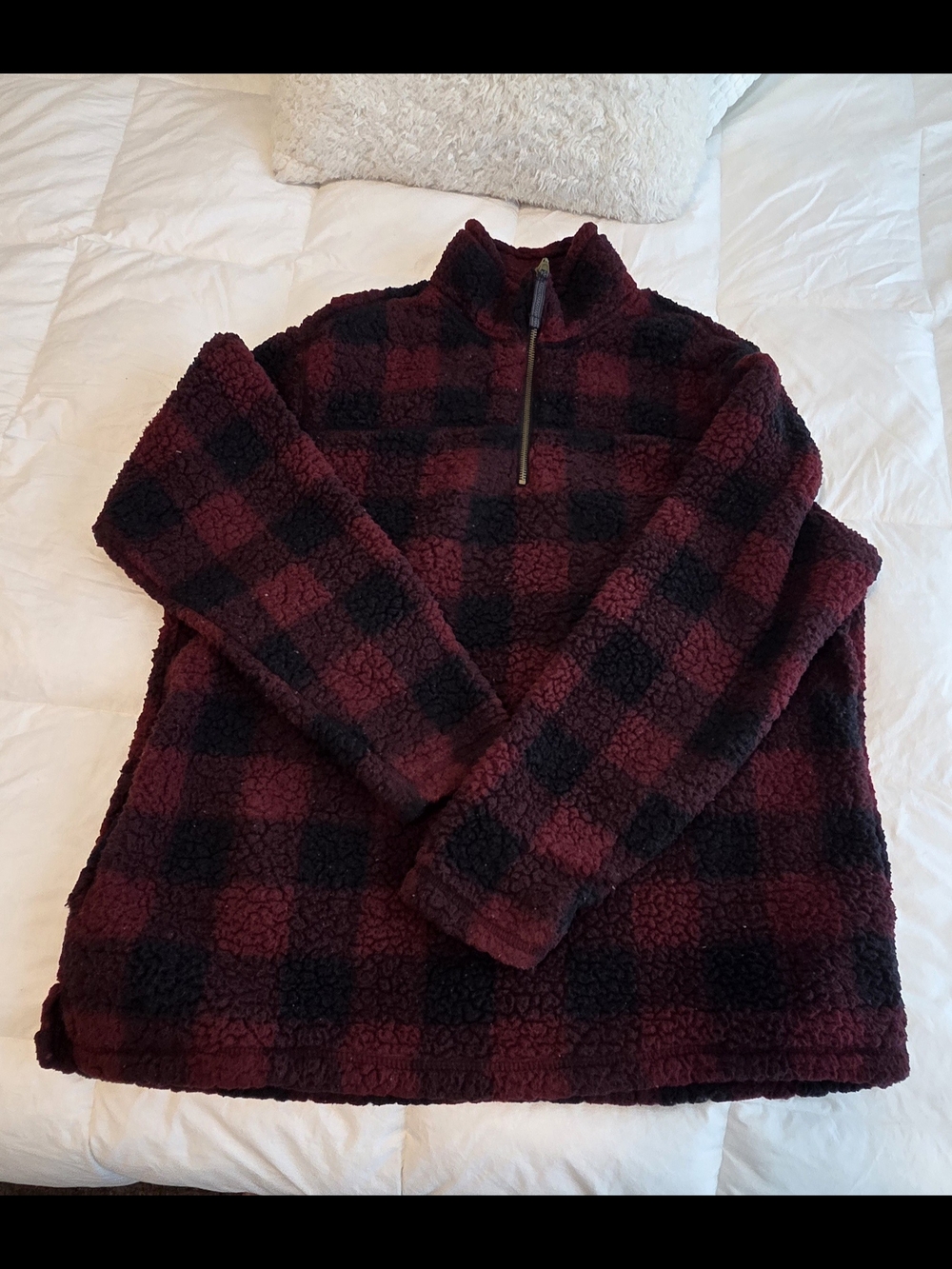 Unisex Burgundy & Black Buffalo Check Sherpa Half-Zip Sweater